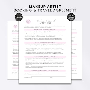 Peut inclure: Un document de contrat de réservation et de voyage pour maquilleur professionnel, imprimé en noir sur fond blanc avec des accents roses. Il comprend des sections sur les paiements, la logistique, les annulations et une ligne de signature.