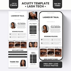 May include: A digital Acuity template for a lash technician featuring the text Lashed by Talia, Talia Brown, booking policies, daily timeslots, and client FAQs. The layout includes circular headshots, close-up eye images, and booking buttons displayed on a smartphone screen and vertical panels.