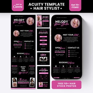 May include: A digital Acuity template for a hair stylist featuring a black background with pink accents and text. The layout includes sections for Melody Hair Studio, artist introduction, open hours, contact details, booking policies, and a calendar.