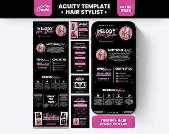 May include: A digital Acuity template for a hair stylist featuring a black background with pink accents and text. The layout includes sections for Melody Hair Studio, artist introduction, open hours, contact details, booking policies, and a calendar.