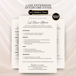 Modelo de cartão de cuidados pós-aplicação de cílios editável, cartão de visita para cílios, folheto imprimível, instruções de cuidados com a extensão de cílios, guia de cuidados com o lifting de cílios.