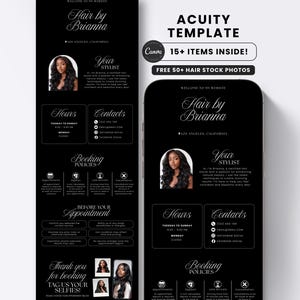 May include: A black digital template for a hair stylist website featuring the text Hair by Brianna, Los Angeles, California, Your Stylist, Hours, Contacts, Booking Policies, Before Your Appointment, and Thank you for booking. Includes a photo of a person.