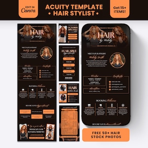 May include: A digital marketing template set for hair stylists featuring a black and orange colour scheme. The design includes layouts for booking, pricing, and contact information, with text reading Acuity Template Hair Stylist and Hair by Melody.