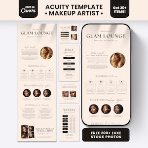 May include: A digital Acuity scheduling template for makeup artists featuring a beige color palette, elegant typography, and sections for Glam Lounge booking policies, signature makeup styles, and client galleries displayed on a smartphone.