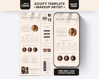May include: A digital Acuity scheduling template for makeup artists featuring a beige color palette, elegant typography, and sections for Glam Lounge booking policies, signature makeup styles, and client galleries displayed on a smartphone.