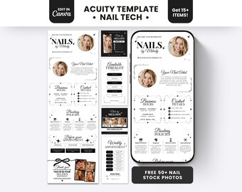 May include: A digital Acuity template for nail technicians featuring a black and white layout with text including Nails by Melody, Your Nail Artist, Business Hours, Contact Details, Booking Policies, and Weekly Appointment slots.