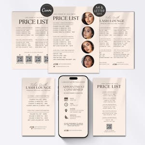 Editable Price List Template Lash Tech Cream Luxury Printable Salon Service Menu Sign Beige Canva Pricing Guide IG Post for Lash Extensions