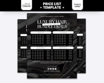 Pode incluir: Um modelo de lista de preços em preto e branco para ofertas de pacotes de cabelo de luxo. O documento apresenta seções para frontal, closure, body wave e deep wave com espaços para comprimentos e preços, além de ícones de redes sociais.