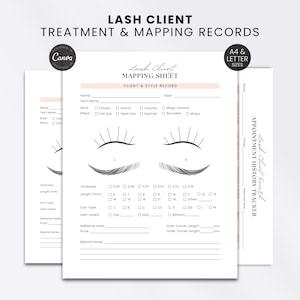 May include: A set of white lash client treatment and mapping record sheets featuring black text and line art of eyelashes. The forms include fields for client name, date, technician, style, effect, thickness, length, curl type, and special notes.