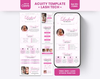 Puede incluir: Una plantilla digital de Acuity para técnicos de pestañas con un esquema de color rosa y blanco. El diseño incluye secciones para información del artista, datos de contacto, políticas de reserva y horarios en una pantalla de móvil.