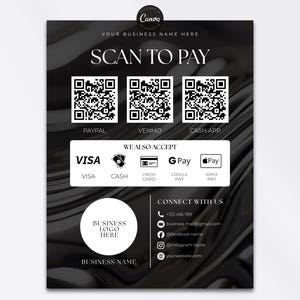 Puede incluir: Un letrero de pago comercial en blanco y negro con "SCAN TO PAY" y códigos QR para PayPal, Venmo y Cash App. Enumera los métodos de pago aceptados: Visa, efectivo, tarjeta de crédito, Google Pay y Apple Pay. Incluye información de contacto.