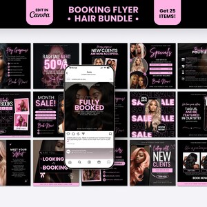 Peut inclure: Une collection numérique de vingt-cinq modèles de flyers de réservation pour salon de coiffure en noir et rose. Les designs incluent des textes comme Booking Flyer, Hair Bundle, New Clients, Specials, Month Sale, Fully Booked et Meet Your Stylist.