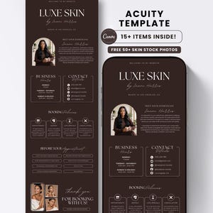 May include: A dark brown digital template for a skincare business featuring the text Luxe Skin by Inane Harris. The layout includes sections for business hours, contact details, booking policies, and a circular photo placeholder of an esthetician.