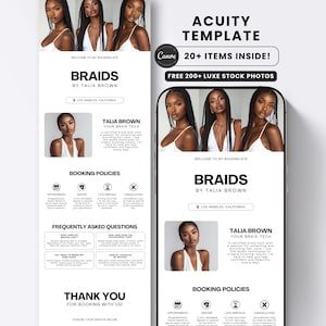 May include: A black and white digital marketing template for a hair braiding business. The template includes the text "BRAIDS BY TALIA BROWN" and "ACUITY TEMPLATE" with "20+ ITEMS INSIDE!" and "FREE 200+ LUXE STOCK PHOTOS".