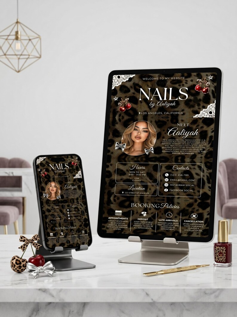 Puede incluir: Una tableta y un tel&eacute;fono inteligente en soportes muestran un sitio web para Nails by Aaliyah con fondo de estampado de leopardo, gr&aacute;ficos de cerezas y lazos, texto, un retrato y pol&iacute;ticas de reserva. Un esmalte de u&ntilde;as rojo oscuro est&aacute; cerca.