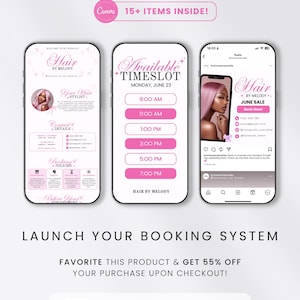May include: A digital website template set for Acuity Scheduling featuring three mobile phone screens with pink and white branding. The screens display text including Hair by Melody, Available Timeslot, and social media post layouts with icons.