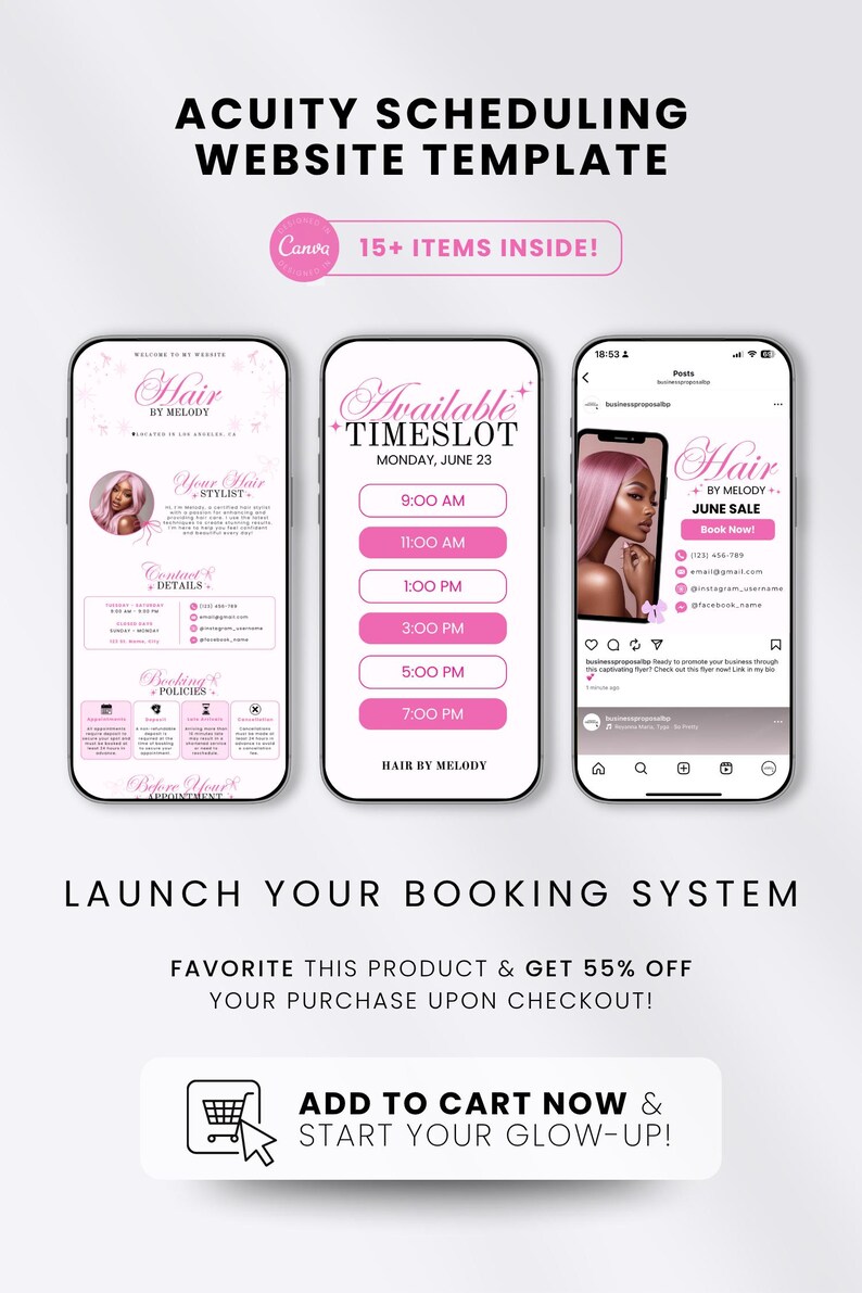 May include: A digital website template set for Acuity Scheduling featuring three mobile phone screens with pink and white branding. The screens display text including Hair by Melody, Available Timeslot, and social media post layouts with icons.