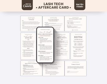 May include: A collection of white lash tech aftercare cards featuring black text, including guides for lash extensions, retention, refill schedules, and liability waivers, with a central smartphone displaying a step-by-step lash wash routine.
