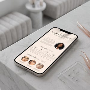 May include: A smartphone displaying a website for Lash Lounge with text, circular portraits of individuals, and booking options. Beside the phone are two rose gold tweezers, a clear lash tray, and a small bottle labeled lash adhesive.
