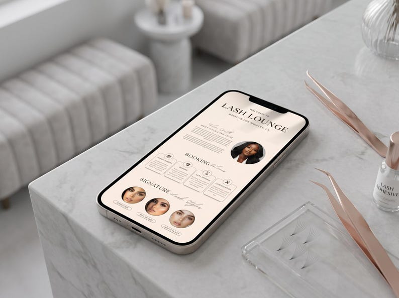 May include: A smartphone displaying a website for Lash Lounge with text, circular portraits of individuals, and booking options. Beside the phone are two rose gold tweezers, a clear lash tray, and a small bottle labeled lash adhesive.