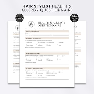 Könnte beinhalten: Ein weißes Gesundheits- und Allergiefragebogen-Formular für Friseure mit schwarzem Text und hellbeigen Kopfzeilen. Das Dokument enthält Abschnitte für Kundeninformationen, Allergiehistorie, frühere Reaktionen und Kopfhautzustände mit Kontrollkästchen.