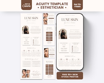 May include: A digital Acuity template for estheticians featuring a beige and brown color scheme. The layout includes sections for Luxe Skin branding, business hours, contact details, booking policies, and appointment slots, displayed on a smartphone.