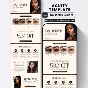 Könnte beinhalten: Eine digitale Marketingvorlage für einen Wimpernsalon, mit einer Frau mit langen dunklen Haaren. Die Vorlage enthält Text wie "Lash Lounge by Talia Smith", "50% OFF" und "Booking Policies". Die Vorlage ist für Acuity konzipiert.
