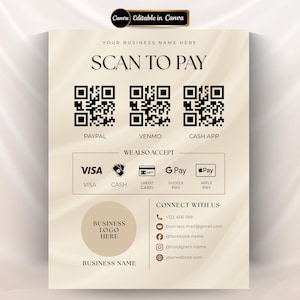 QR Payment Sign Editable Scan to Pay Sign Template for Hair Lash Nail Esthetician Braids Wig Barber, Zelle Venmo Payment Method QR Code Sign