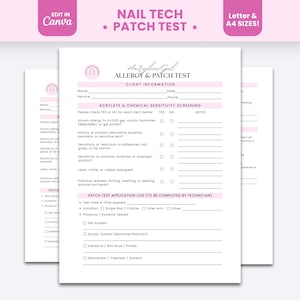 Op de afbeelding: Een wit papieren formulier getiteld Acrylic Gel Allergy & Patch Test met roze kopteksten. Het document bevat secties voor klantinformatie, screening op acrylaat- en chemische gevoeligheid en een logboek voor de patchtest.