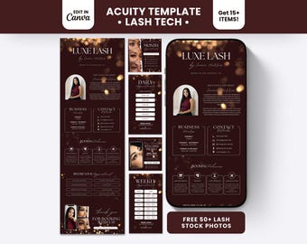 May include: A digital marketing template set for lash technicians featuring a dark brown color scheme with gold bokeh accents. The design includes layouts for business hours, contact details, booking policies, and appointment schedules.