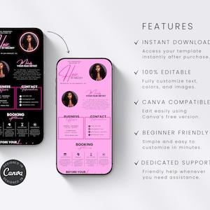 May include: A digital marketing template for a hair stylist, displayed on two smartphones. The design features a pink and black color scheme with the text "Hair by Melody" and a photo of a woman. The template includes business information and booking details.