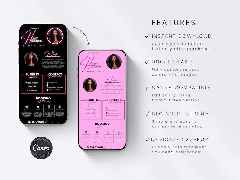 May include: A digital marketing template for a hair stylist, displayed on two smartphones. The design features a pink and black color scheme with the text "Hair by Melody" and a photo of a woman. The template includes business information and booking details.