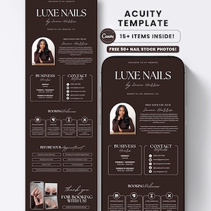 May include: A dark brown digital website template for Luxe Nails by Inani Harris, featuring a portrait, business hours, contact details, and booking policies. The layout includes text sections, icons, and a mobile phone display showing the design.