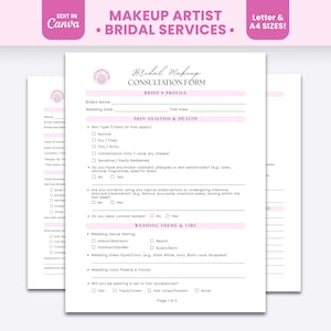 May include: A white bridal makeup consultation form with pink headers and black text. The document includes sections for bride profile, skin analysis, health, and wedding theme. It features checkboxes for various options and lines for written input.