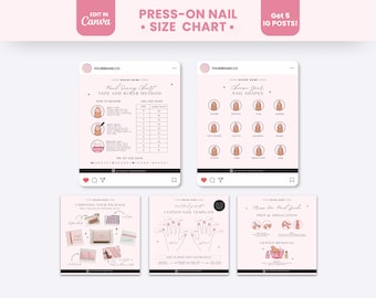 May include: A digital template set for press-on nails featuring a size chart, tape and ruler measurement instructions, nail shape guide, unboxing steps, custom nail template, and prep, application, and removal instructions in light pink.