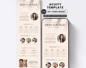 Esthetician Acuity Scheduling Booking Website Template Cream Branding Kit Luxury Square Banner with FAQ Instagram Post Medspa Skincare Flyer