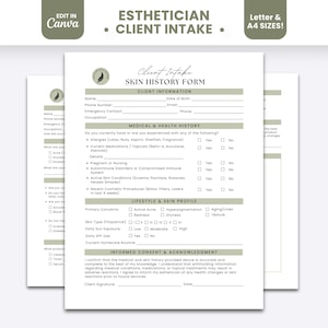 Facial Consultation Skincare Consent Forms Printable Document Green Luxury Canva Editable Template PDF GoodNotes Compatible for Estheticians