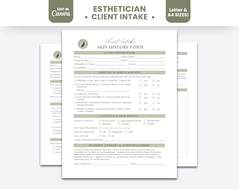 May include: An Esthetician Client Intake Skin History Form document with sections for client information, medical and health history, lifestyle and skin profile, and informed consent. The form features sage green headers and black text.