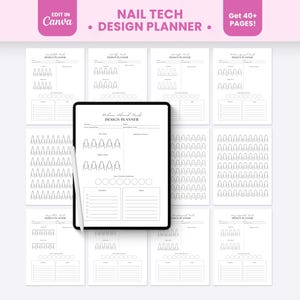 Op de afbeelding: Een digitale nagelstylist designplanner weergegeven op een tabletscherm met een stylus, met meerdere paginalay-outs met nagelvorm-omtrekken, checklists en notitiesecties. De tekst luidt Nail Tech Design Planner en Get 40+ Pages.