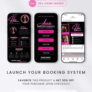 May include: A black and pink Acuity scheduling website template with the text "20+ ITEMS INSIDE!" and three smartphone mockups displaying hair salon booking information. The text "LAUNCH YOUR BOOKING SYSTEM" is also visible.