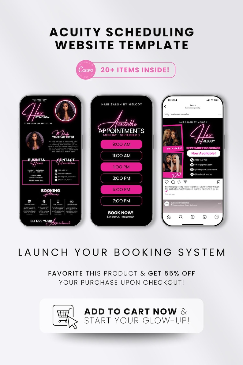 May include: A black and pink Acuity scheduling website template with the text "20+ ITEMS INSIDE!" and three smartphone mockups displaying hair salon booking information. The text "LAUNCH YOUR BOOKING SYSTEM" is also visible.