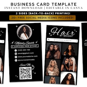 Instagram Visitenkartenvorlage, Friseur bearbeitbare Kartenvorlage, QR-Code Visitenkarte, schwarze Canva Vorlage, Lash Nail Braid Tech DIY