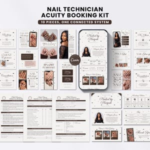 Puede incluir: Un kit digital de reserva Acuity para técnicos de uñas que incluye 10 piezas en un sistema conectado. El conjunto contiene varias plantillas con texto como Nail Technician Acuity Booking Kit, 10 Pieces, One Connected System, Nailed by Aniyah y Client Intake Form, presentadas en una paleta de colores neutros.