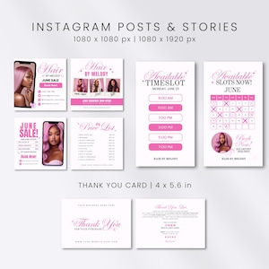 May include: A digital marketing template set for Instagram posts, stories, and thank you cards featuring a pink and white color scheme. The designs include text for hair business services, June sales, appointment slots, and a calendar with 1080 x 1080 px, 1080 x 1920 px, and 4 x 5.6 in dimensions.