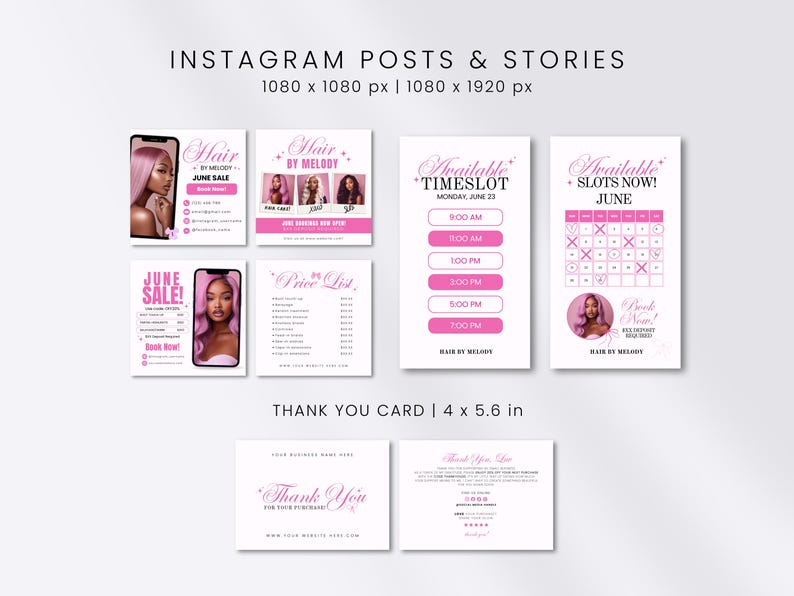 May include: A digital marketing template set for Instagram posts, stories, and thank you cards featuring a pink and white color scheme. The designs include text for hair business services, June sales, appointment slots, and a calendar with 1080 x 1080 px, 1080 x 1920 px, and 4 x 5.6 in dimensions.