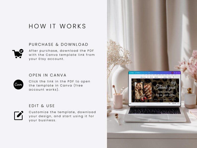 Puede incluir: Un gr&aacute;fico de instrucciones titulado HOW IT WORKS con tres pasos: PURCHASE & DOWNLOAD, OPEN IN CANVA y EDIT & USE. Junto a &eacute;l, un port&aacute;til muestra una plantilla de Canva con un fondo de estampado de leopardo y el texto Thank you FOR BOOKING tag us your selfies.