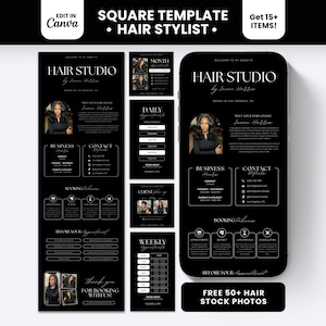 May include: A black square template for a hair stylist featuring white text that reads HAIR STUDIO, business hours, contact details, and booking policies. The design includes a smartphone mockup displaying the same layout and various smaller square panels.