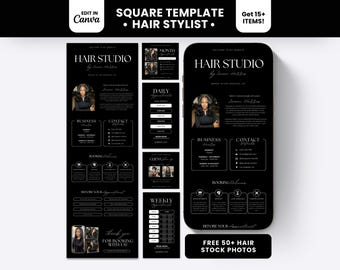 May include: A black digital template for a hair stylist website featuring white text, including headings like HAIR STUDIO, BUSINESS HOURS, and CONTACT DETAILS. The layout displays appointment scheduling, booking policies, and a portrait of a stylist.