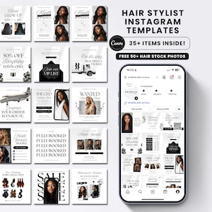 May include: A collection of Instagram templates for hair stylists, featuring various designs with text like "Client Glow Up," "Month Bookings," and "50% Off." The templates are in black and white, with a phone displaying a sample Instagram profile.