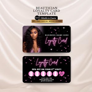 Tarjeta de fidelización para estilistas de cabello, plantilla Canva para programar citas, para cabello, pestañas, uñas, trenzas, pelucas, peluquerías y salones de belleza.